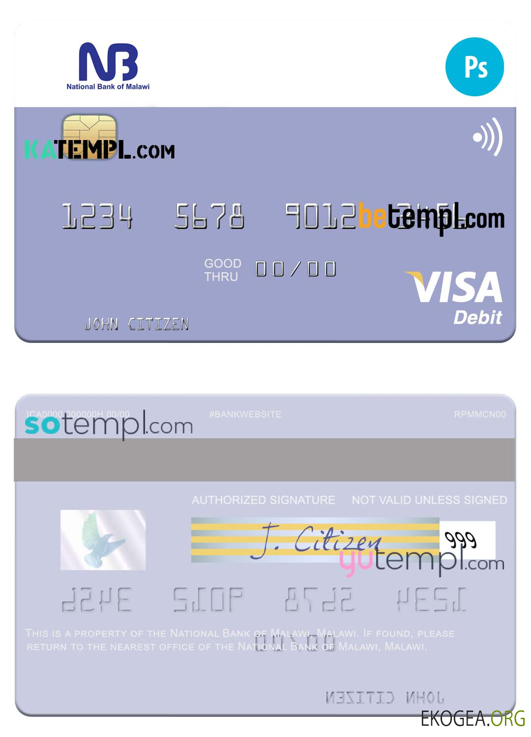 Modèle de carte visa de la Banque nationale du Malawi entièrement modifiable au format PSD